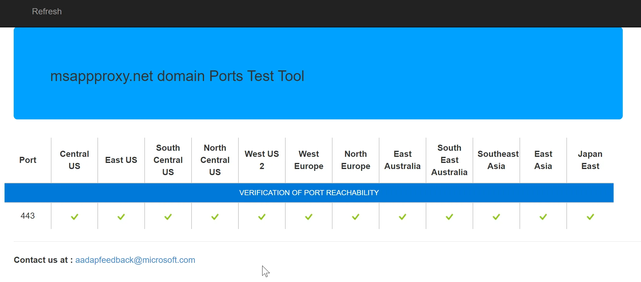 msappproxy.net domain Ports Test Tool: port 443 is reachable in all listed Azure regions, green check marks from Central US to Japan East