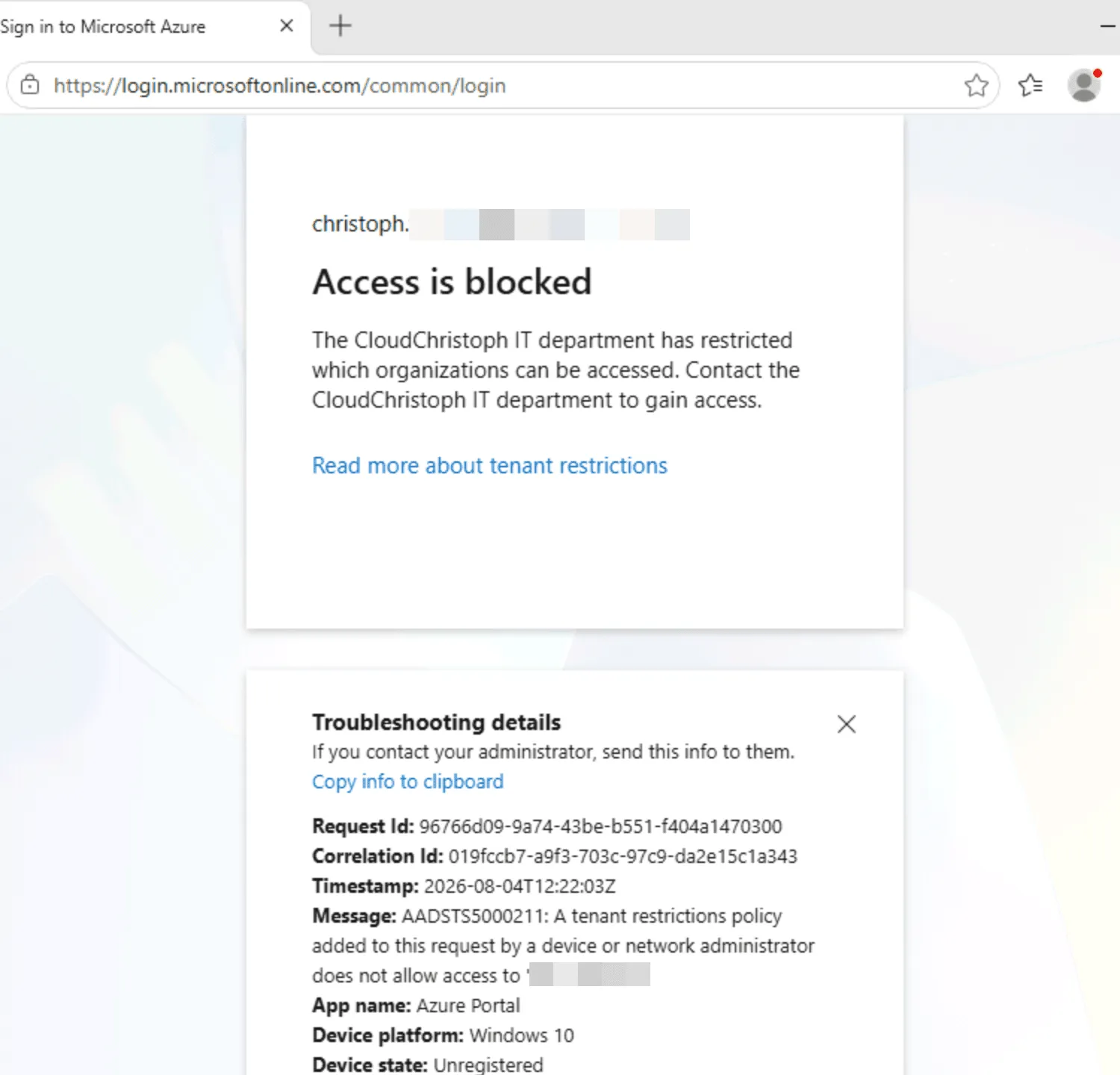 Microsoft sign-in page saying “Access is blocked”: the CloudChristoph IT department has restricted which organizations can be accessed. The troubleshooting details show error AADSTS500211, a tenant restrictions policy added by a network administrator
