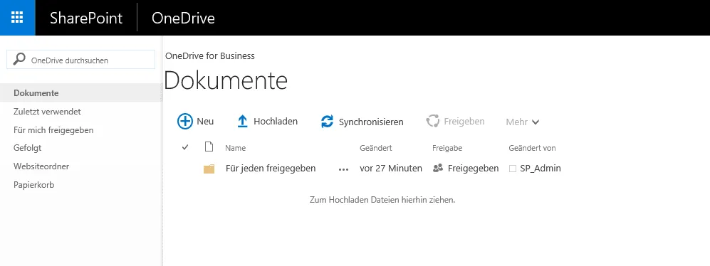 Klassische Ansicht von OneDrive for Business in SharePoint 2016 mit der Dokumentbibliothek Dokumente