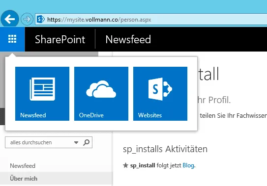 App Launcher in der MySite-Webanwendung: hier fehlt die neue Kachel, es erscheinen nur Newsfeed, OneDrive und Websites