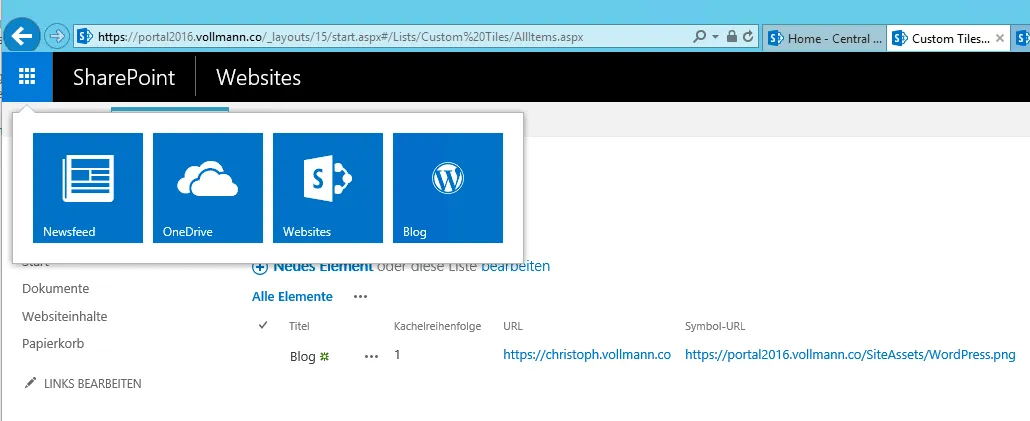 App Launcher mit der zusätzlichen Kachel Blog neben Newsfeed, OneDrive und Websites, darunter die Liste Custom Tiles mit dem neuen Eintrag
