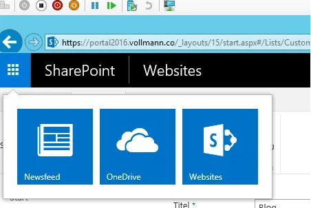 Geöffneter App Launcher in SharePoint 2016 mit den drei Standardkacheln Newsfeed, OneDrive und Websites