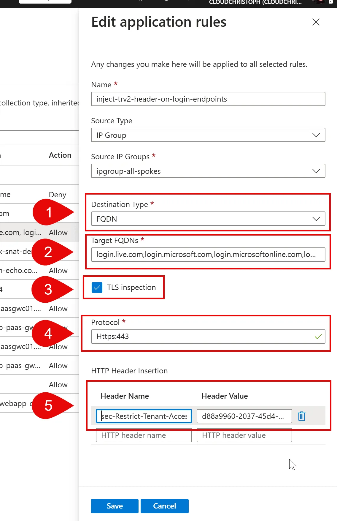 Azure portal, Edit application rules: destination type FQDN, the four Microsoft sign-in FQDNs as targets, TLS inspection enabled, protocol Https:443 and an HTTP header insertion for sec-Restrict-Tenant-Access-Policy, marked 1 to 5