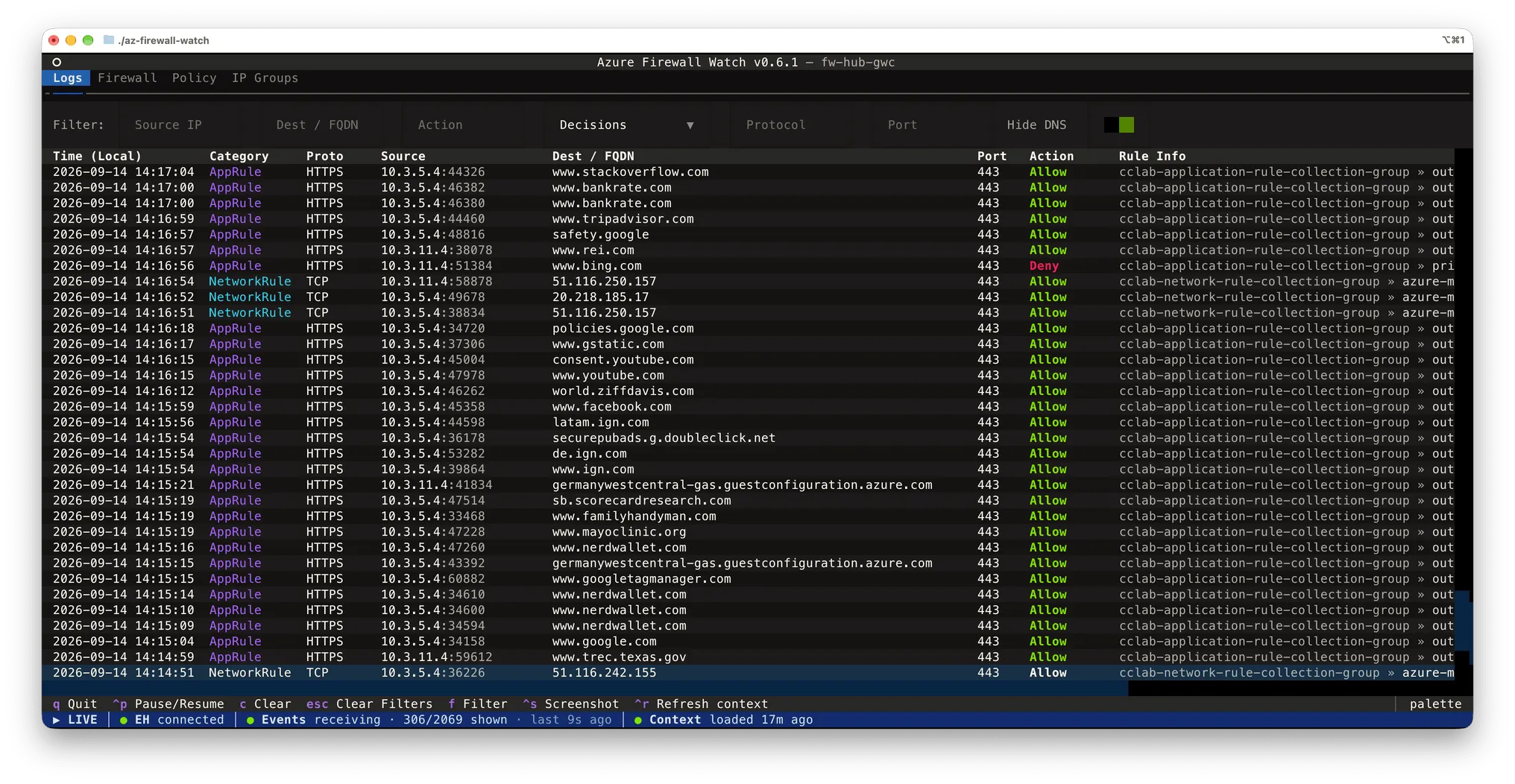 az-firewall-watch Logs tab: firewall events streaming in, color-coded by category, with the filter bar set to the Decisions preset and the status bar showing the Event Hub connection, the event counter and the policy context
