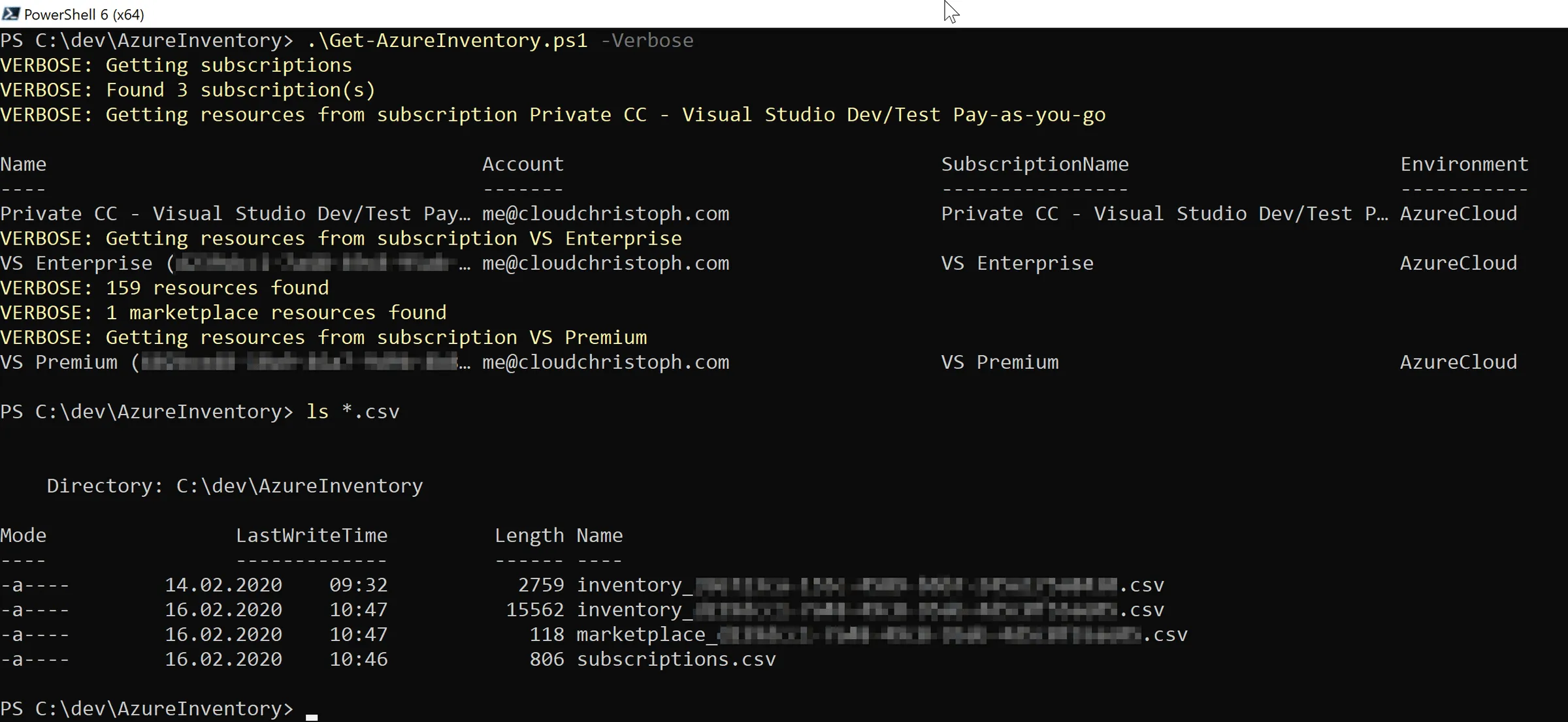 PowerShell running .\Get-AzureInventory.ps1 -Verbose: it finds three subscriptions, collects their resources and writes inventory, marketplace and subscriptions CSV files