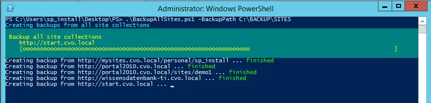 PowerShell-Ausgabe von BackupAllSites.ps1 mit Fortschrittsbalken: Backups mehrerer Websitesammlungen, jeweils mit finished bestätigt