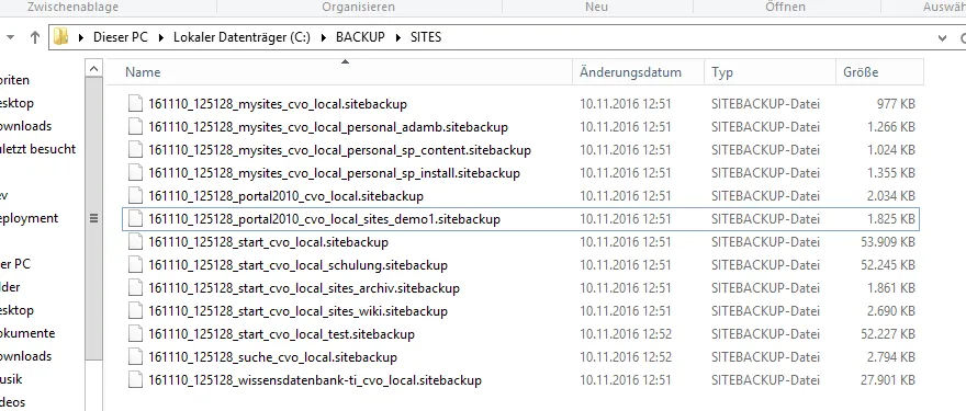 Windows Explorer im Ordner C:\BACKUP\SITES: eine .sitebackup-Datei pro Websitesammlung, jeweils mit Datum und Uhrzeit als Präfix
