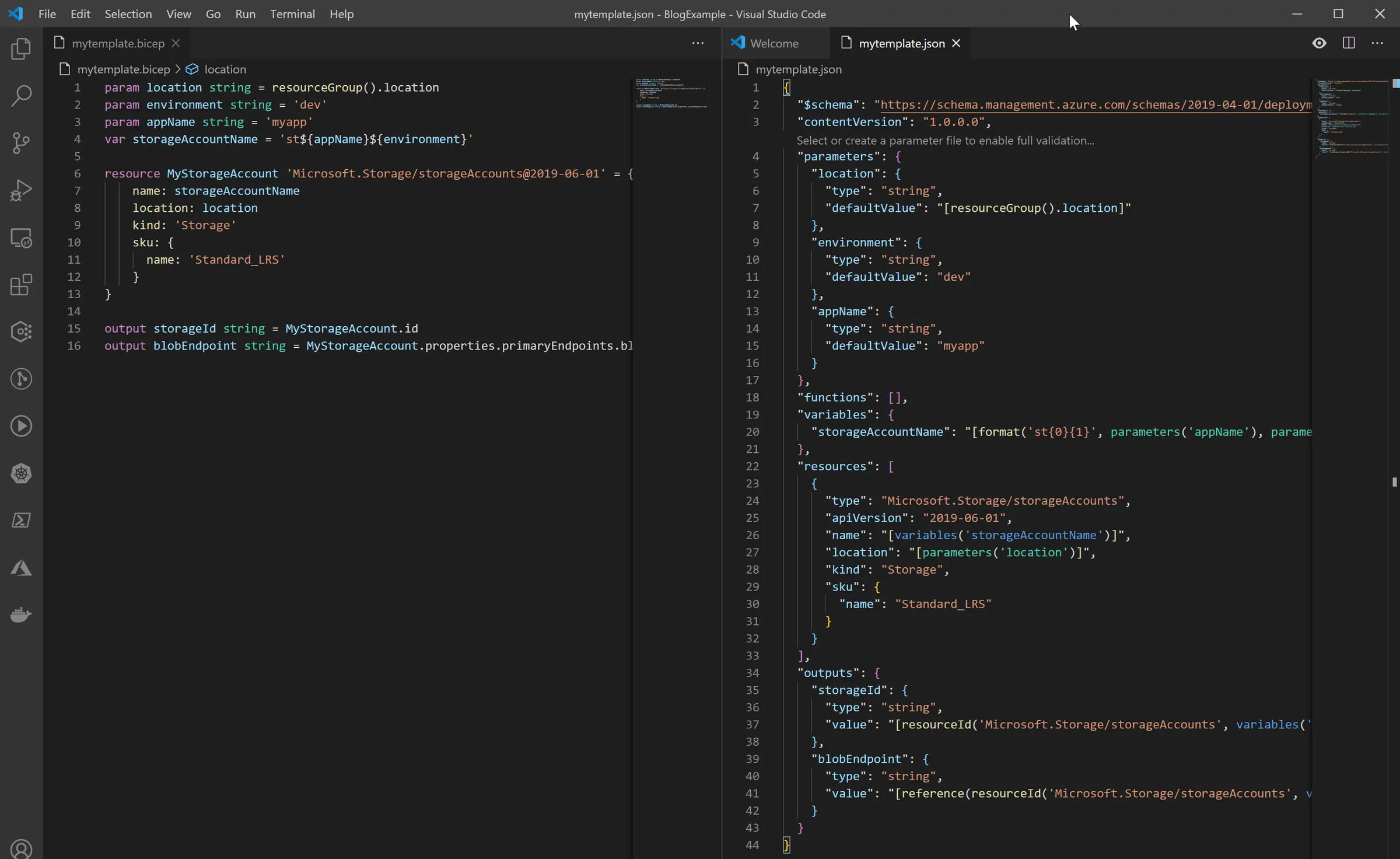 Visual Studio Code nebeneinander: links mytemplate.bicep mit 16 Zeilen, rechts das erzeugte ARM-Template mytemplate.json mit über 40 Zeilen