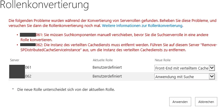 Seite Rollenkonvertierung mit Fehlermeldungen: Suchkomponenten müssen vor der Konvertierung manuell verschoben und die Instanz des verteilten Cachediensts entfernt werden