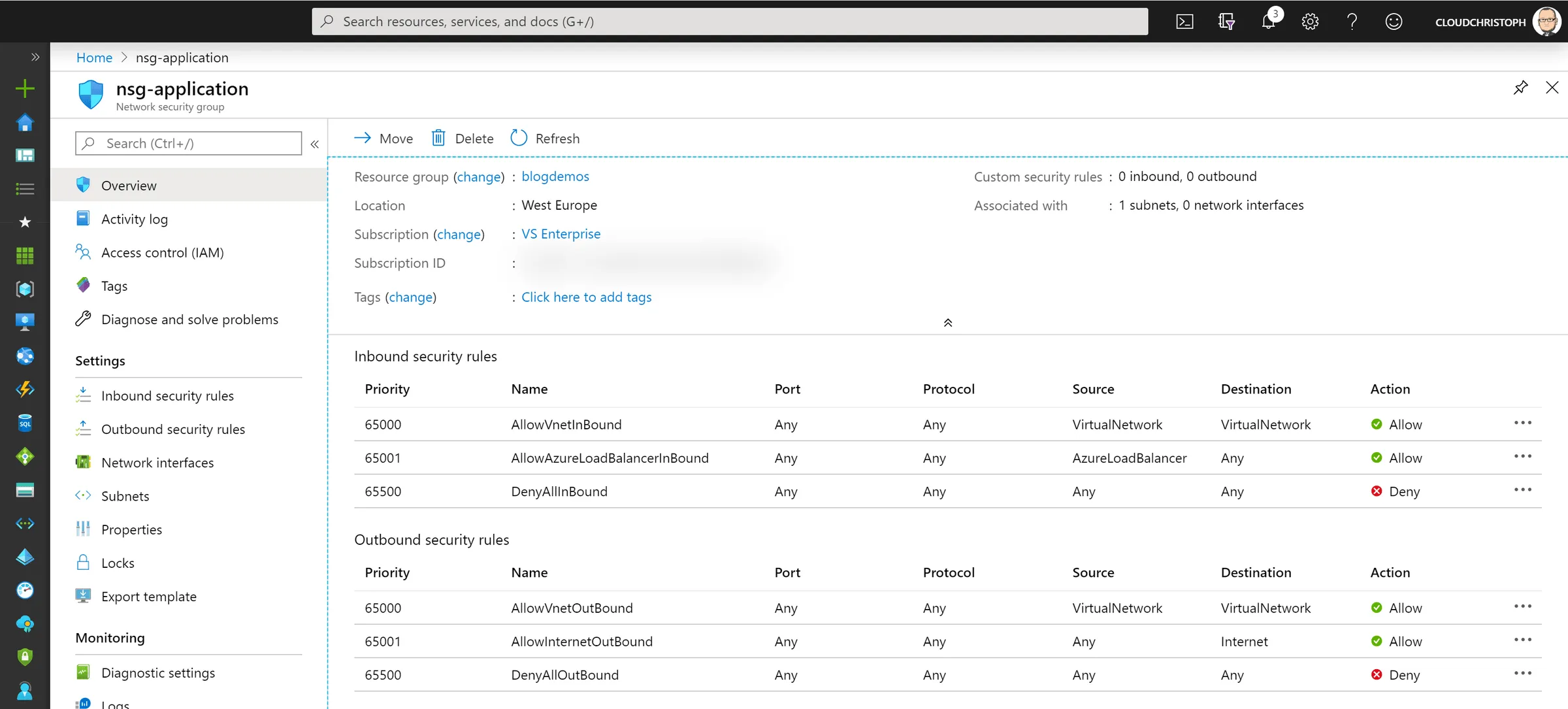 Azure portal, Network Security Group overview: the default inbound rules AllowVnetInBound, AllowAzureLoadBalancerInBound and DenyAllInBound and the default outbound rules AllowVnetOutBound, AllowInternetOutBound and DenyAllOutBound