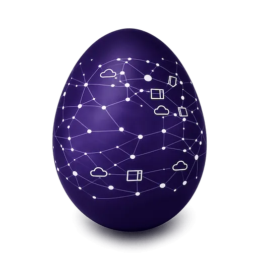 Violettes Osterei mit einem weißen Netz aus Punkten, Linien, Wolken und Server-Symbolen