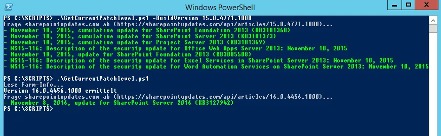 PowerShell-Ausgabe von GetCurrentPatchlevel.ps1: für Build 15.0.4771.1000 die Updates vom 10. November 2015, auf dem SharePoint Server ermittelt das Skript Version 16.0.4456.1000 und das Update vom 8. November 2016 (KB3127942)