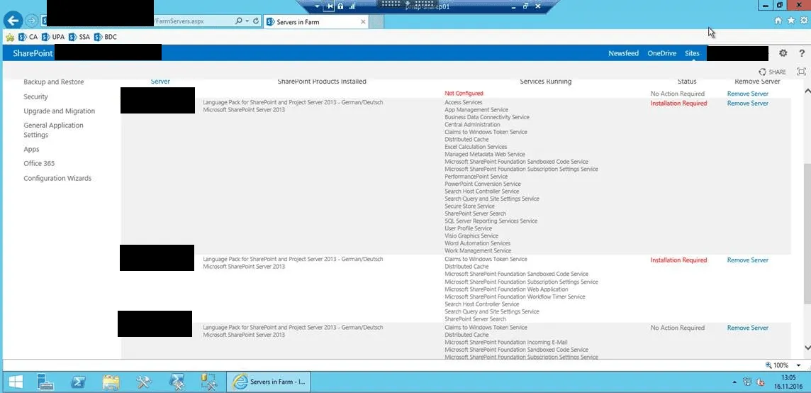 SharePoint-Zentraladministration, Server in der Farm: zwei der drei Server melden den Status Installation Required