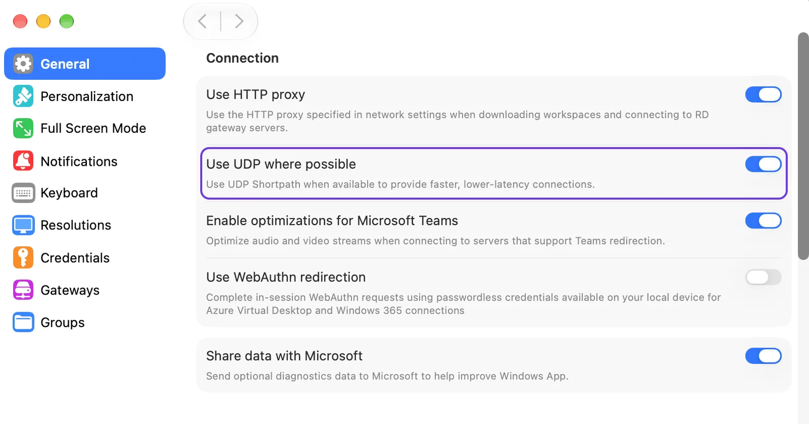Windows App for macOS settings, General, Connection section. The toggle “Use UDP where possible” (Use UDP Shortpath when available to provide faster, lower-latency connections) is switched on.