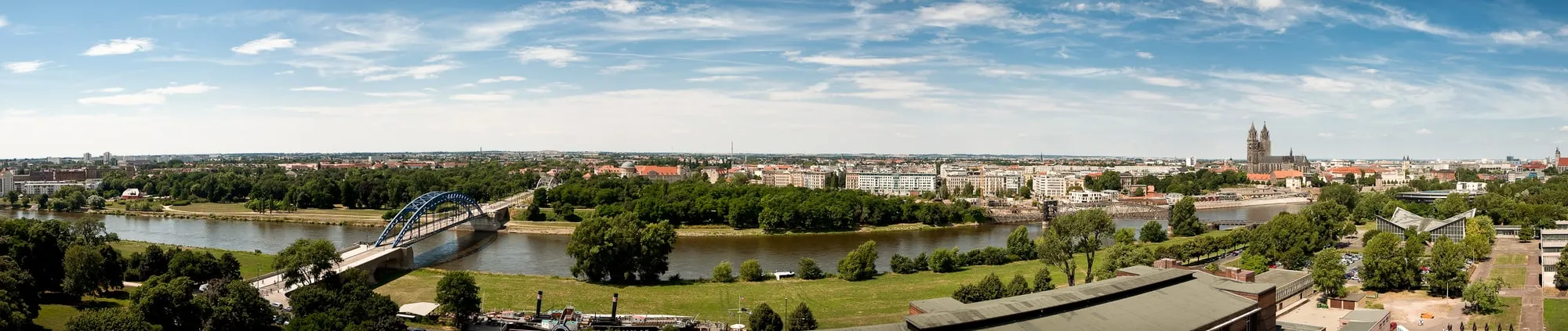 Panorama of Magdeburg with the Elbe, the Sternbrücke and the cathedral