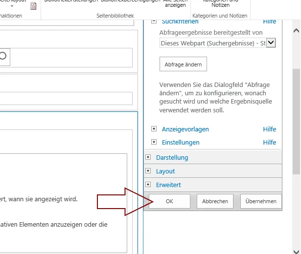 Webpart-Eigenschaften: ein Pfeil zeigt auf OK, um die Webpart-Konfiguration zu speichern