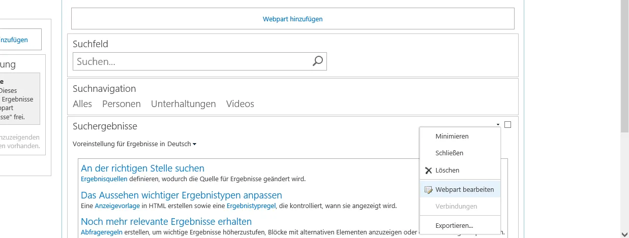 Bearbeitungsmodus der Seite: im Menü des Webparts Suchergebnisse ist Webpart bearbeiten markiert