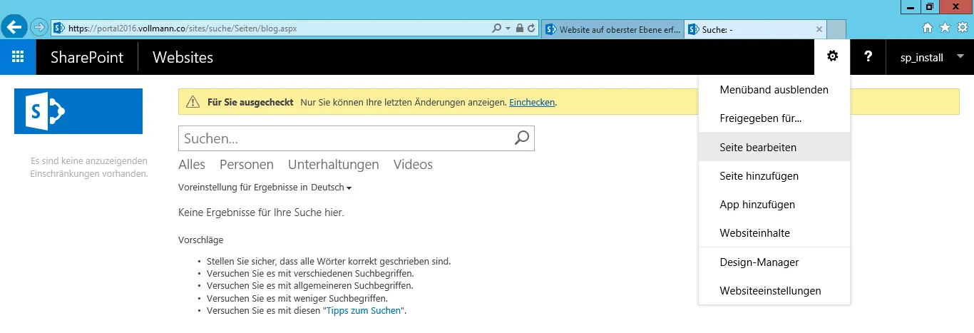 Die neue Ergebnisseite blog.aspx, im Einstellungsmenü ist Seite bearbeiten markiert