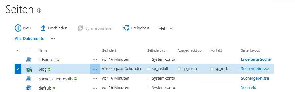Die neue Seite blog mit dem Seitenlayout Suchergebnisse in der Bibliothek Seiten