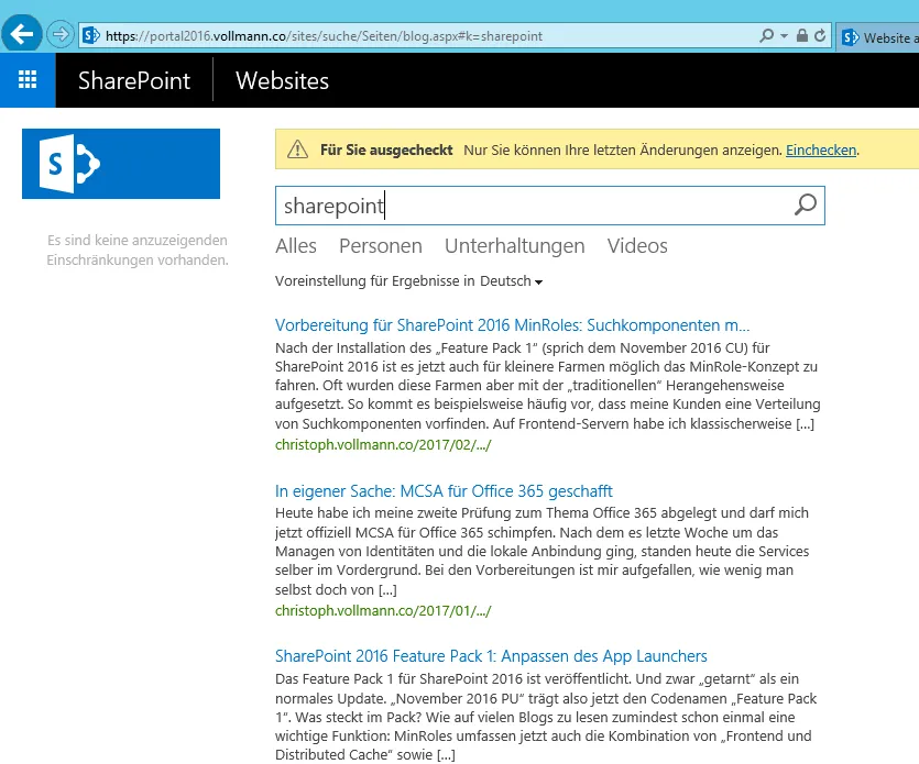 Die Ergebnisseite Blog findet zum Suchbegriff sharepoint Beiträge aus dem Blog christoph.vollmann.co