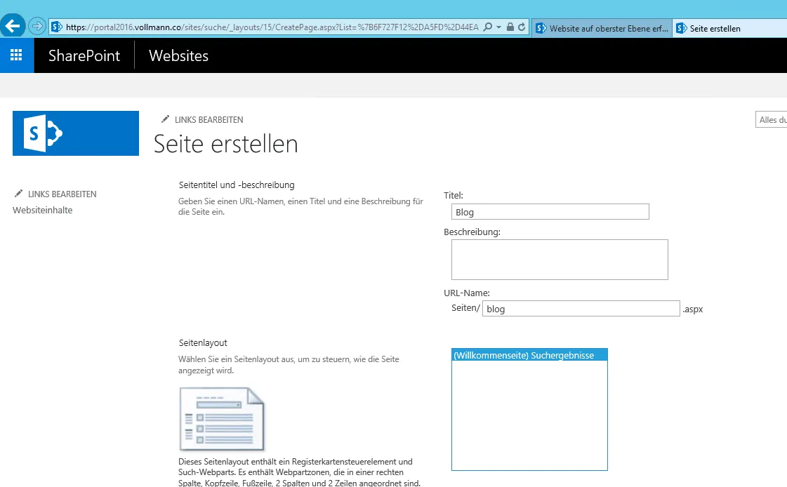 Seite erstellen: Titel Blog, URL-Name blog.aspx und Seitenlayout (Willkommensseite) Suchergebnisse