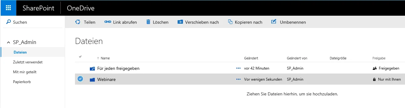 Moderne OneDrive-Ansicht nach Feature Pack 1 mit Befehlsleiste (Teilen, Link abrufen, Löschen, Verschieben nach, Kopieren nach) und der Dateiliste