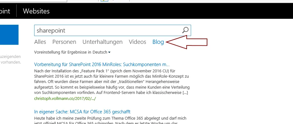 Suchcenter mit dem neuen Navigationspunkt Blog neben Alles, Personen, Unterhaltungen und Videos, ein Pfeil zeigt darauf