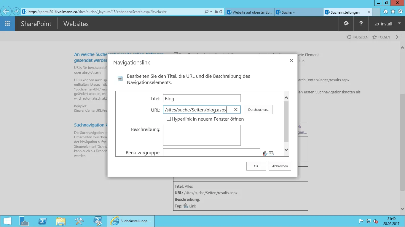 Dialog Navigationslink: Titel Blog, URL /sites/suche/Seiten/blog.aspx