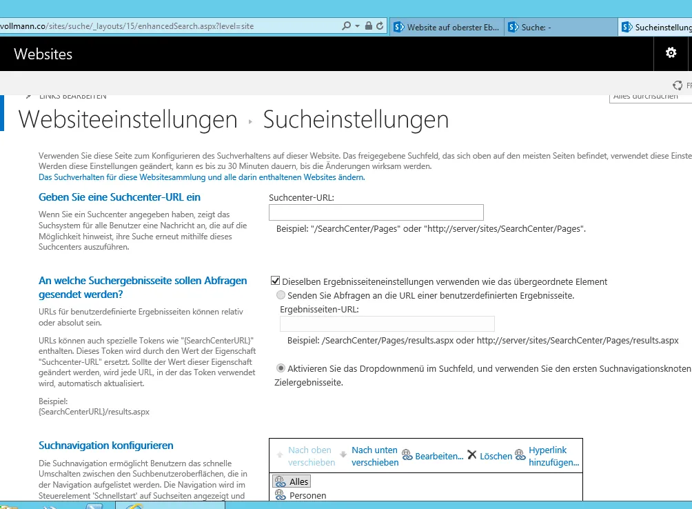 Websiteeinstellungen, Sucheinstellungen mit dem Abschnitt Suchnavigation konfigurieren