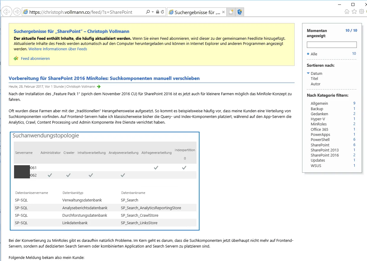 Internet Explorer zeigt den WordPress-Feed /feed/?s=SharePoint als Suchergebnisse mit Beitragstext und Filter nach Kategorie