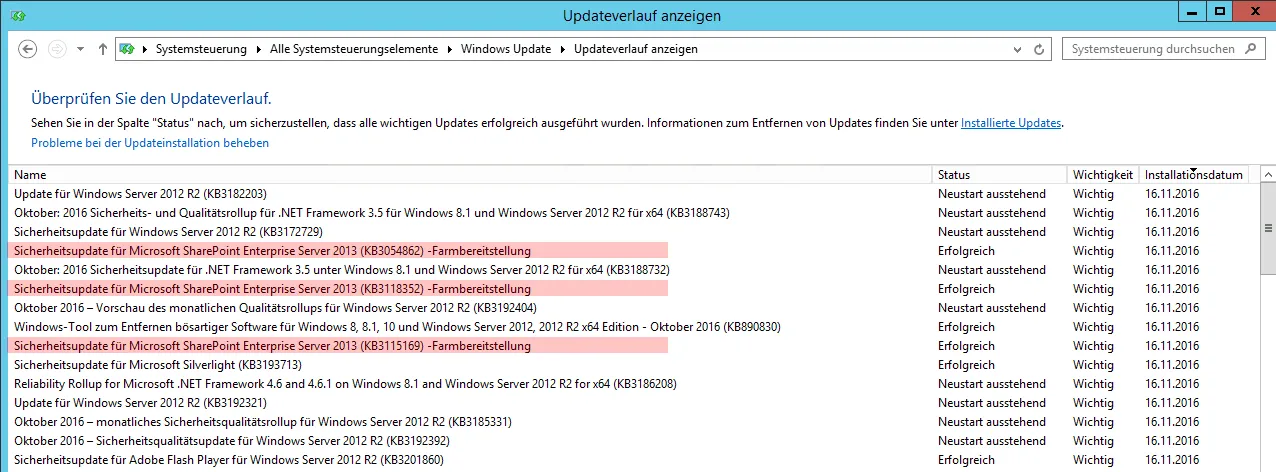 Windows-Updateverlauf vom 16.11.2016: zwischen den Windows-Updates drei rot markierte Sicherheitsupdates für Microsoft SharePoint Enterprise Server 2013 (Farmbereitstellung)