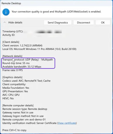 Windows App Connection Information dialog. It reports that the connection quality is good and Multipath (UDP and WebSocket) is enabled. Network details: transport protocol UDP (Relay) - Multipath, round-trip time 55 ms, available bandwidth 33.12 Mbps. Remote computer: vm-avd-demo-01.