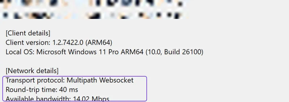 Excerpt from the Connection Information dialog with TURN switched off in the host pool: transport protocol Multipath Websocket, round-trip time 40 ms, available bandwidth 14.02 Mbps.