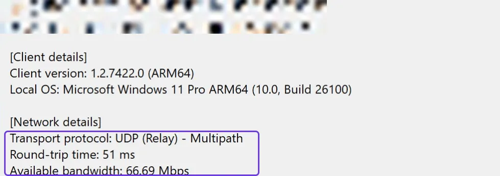 Excerpt from the Connection Information dialog with the bypass route and NAT gateway active: transport protocol UDP (Relay) - Multipath, round-trip time 51 ms, available bandwidth 66.69 Mbps.